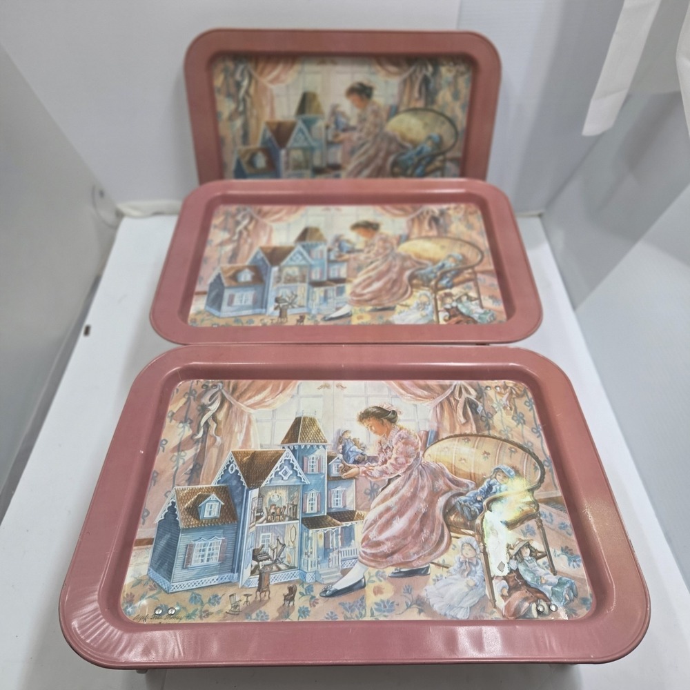 Vtg Angela Trotta Thomas Metal TV Lap Dinner Trays Lot 3 Dollhouse Girl Folding